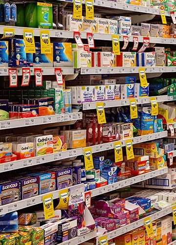 medical supplies on supermarket shelves